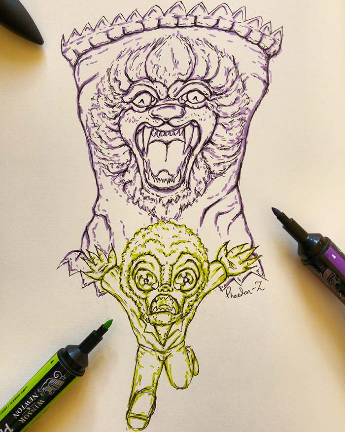Ink and fineliner sketch of a giant lion treat chasing a mini-Wolfman, created by Phaedonstar
