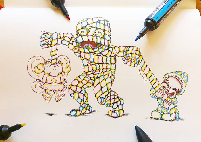 Fineliner and promarker sketch of a marshmallow mummy being eaten by two little trick-or-treaters, created by Phaedonstar