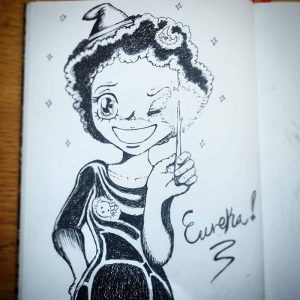 Black and white ink drawing of a manga witch holding up a glowing twig with the word Eurika! written next her,