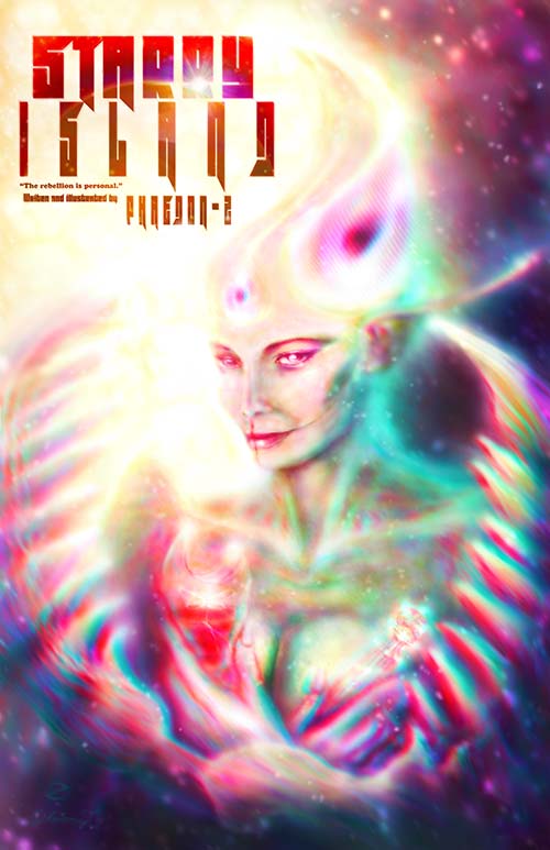 Cover/Poster for Starry Island, science fiction/horror novella written and illustrated by Phaedon-Z. The illustration is featuring the creature design for Glory the Wrathful.