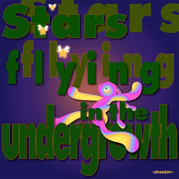 Digital illustration featuring the words STARS FLYING IN THE UNDERGROWTH and a colourful bunny chasing three glowing stars with wings