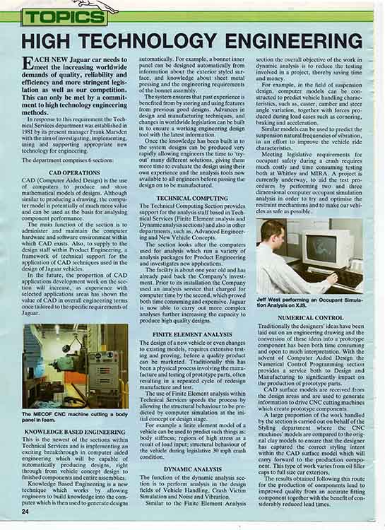 Page from a Jaguar Cars internal publication featuring the world-leading CAD CAM technical engineering work that the company uses for designing its products