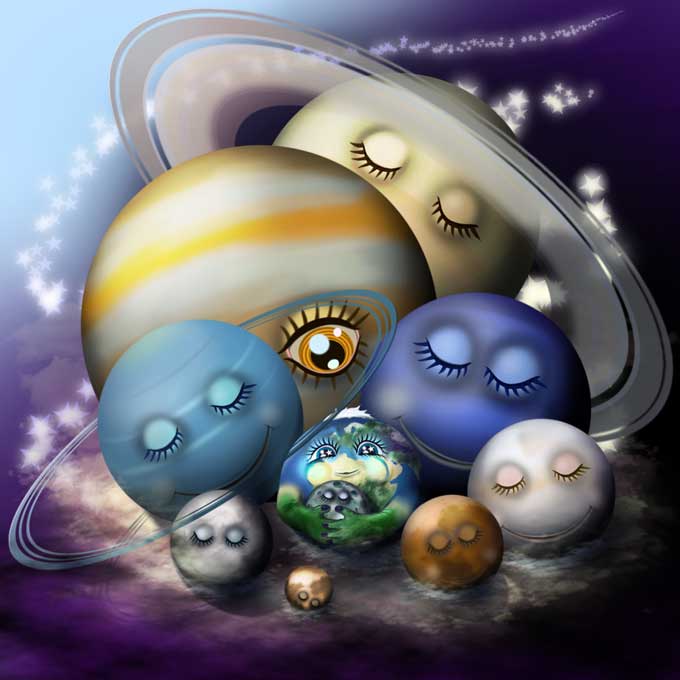 Digital artwork of cute character planets of the solar system