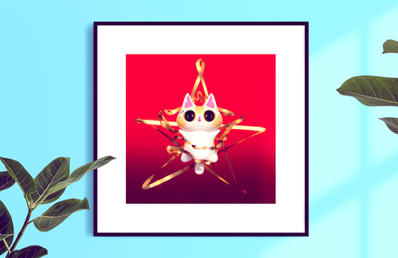 Mockup of a framed square poster against a turquoise wall featurign the image of Linus Light, a cute porcelain kitten jumping through a golden ribbon shaped like a star