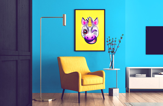 Mockup of a living room with a turquoise wall, a yellow armchair and a poster of an illustration of a cute winking zebracorn in a yellow background