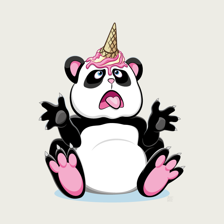 Digiatl artwork panda with an icecream cone on its head resembling a unicorn horn
