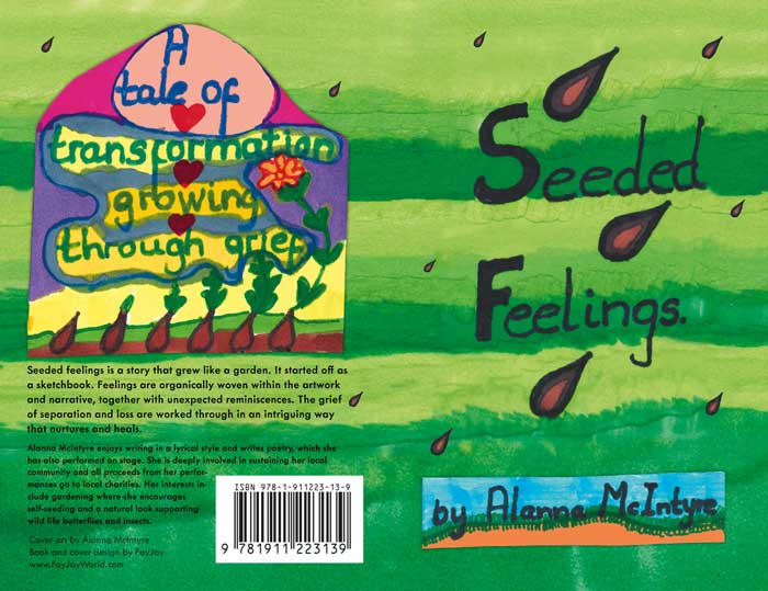 Front and back book cover layout showing the sketchbook collage used as a background, the title, subtitle, author's name and back cover blurb