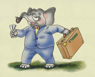 Digital watercolour of an elephant character in a suit with a case