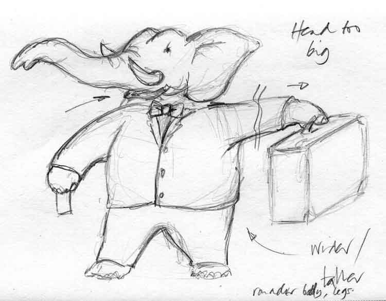 Pencil sketch of an elephant character carrying a suitcase
