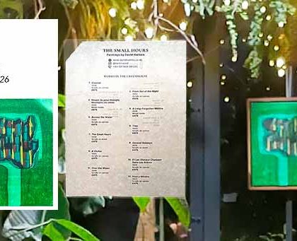 David Harkins' The Small Hours art show What's On flyer on The Onion Garden Website superimposed on aphotograph of one of the artworks