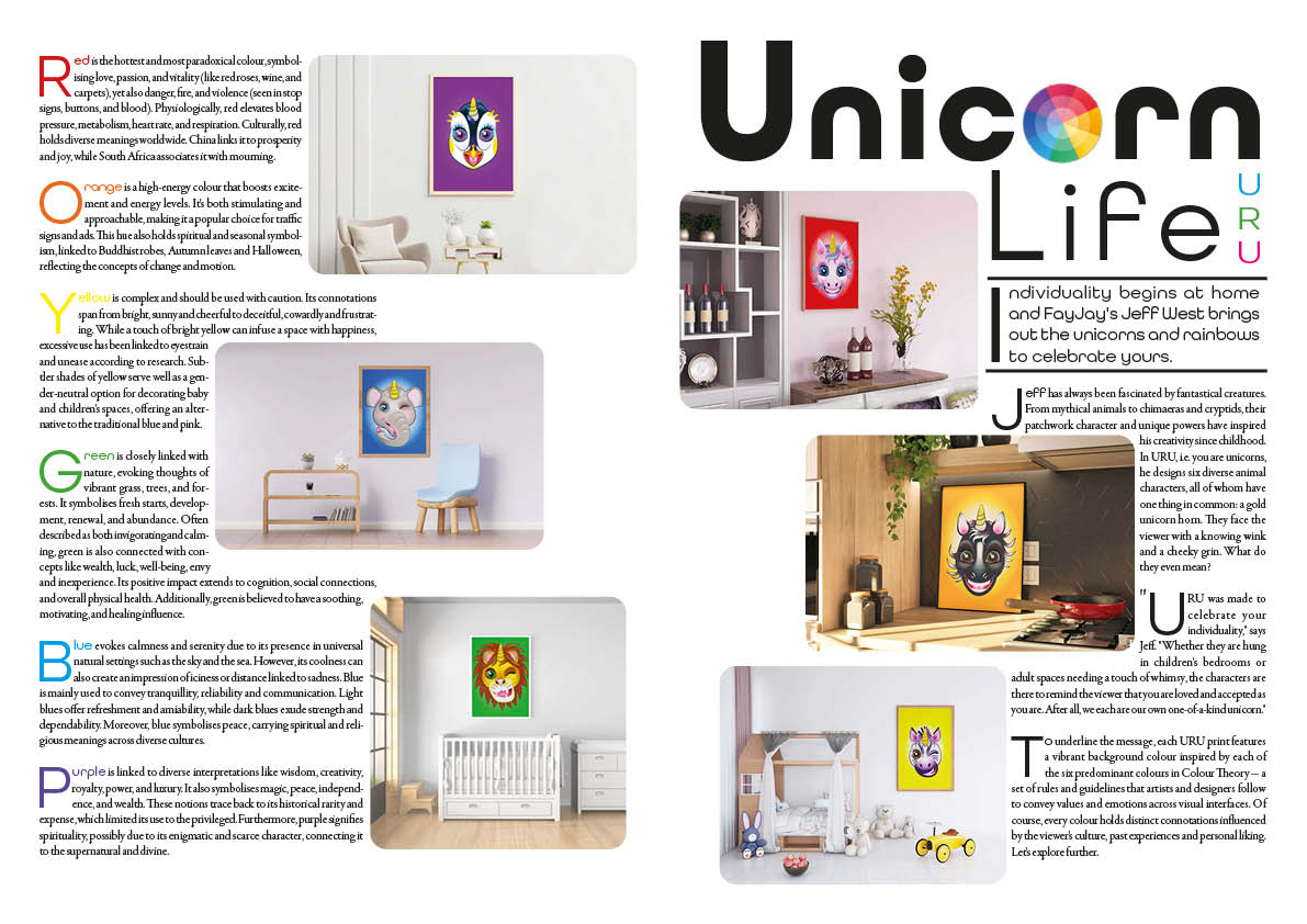 Magazine layout, double spread with the title on the right-hand side reading Unicorn Life and six photos in a circular formation showing framed unicorn art prints hanging in various rooms.