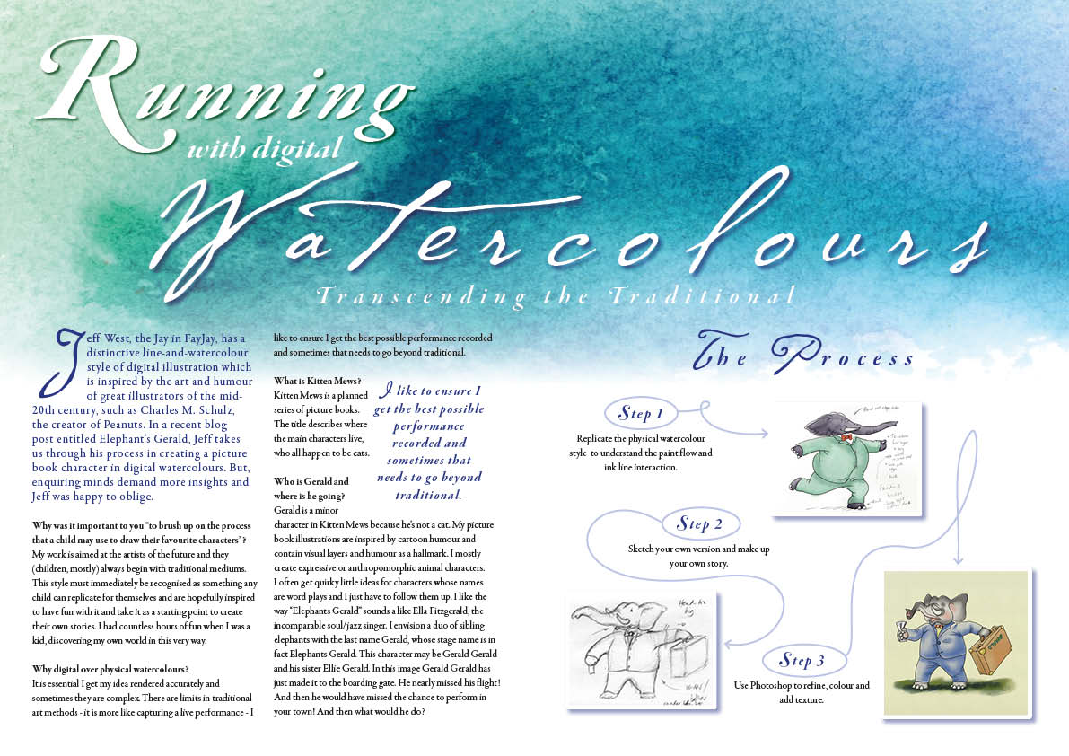 Magazine spread with the title Running with Watercolours with a watercolour texture behind the title, text on the left-hand side and illustrations on the right.