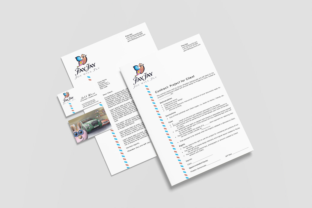 Letterhead and business cards featuring a creative work sample on the back