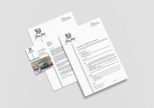 FayJay documents and business cards featuring logo and letterhead