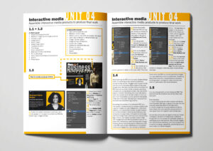 An open report document double page spread featuring infographics and yellow design accents