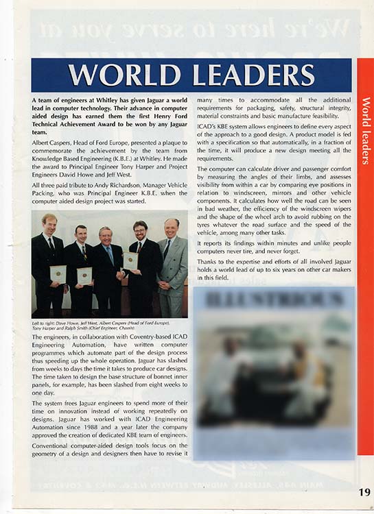 Page from Jaguar Cars internal publication with Jeff West receiving a Ford technical achievement award