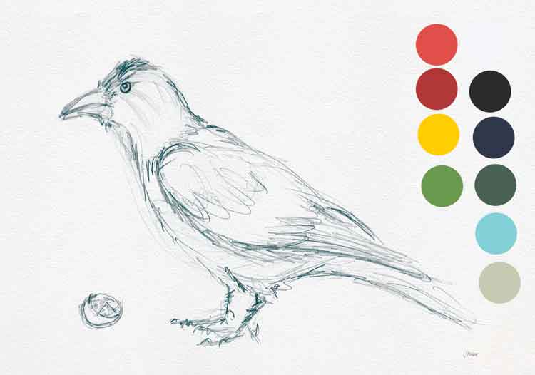 Jackdaw and tomato watercolour paper texture and basic colour palette in a digital artwork