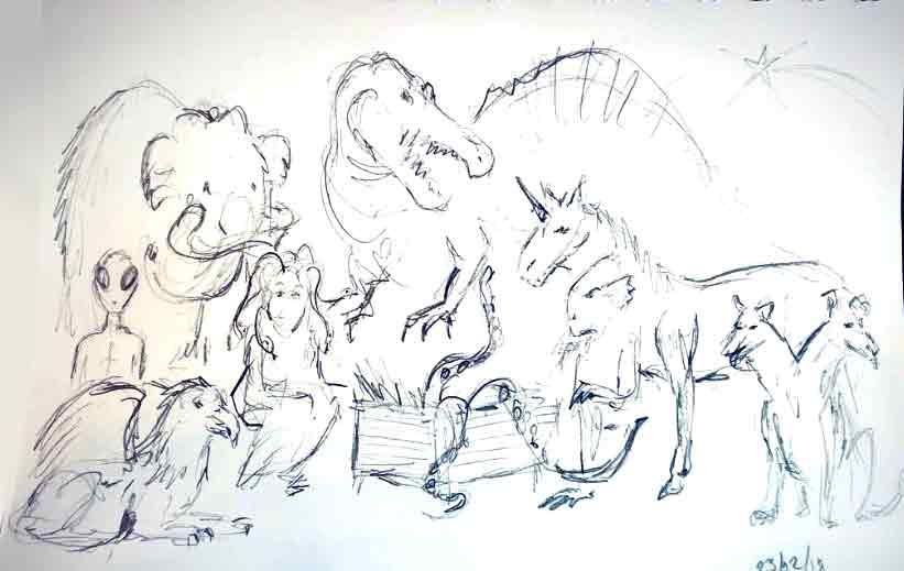 A sketch group of cryptozoological animals including unicorn and Spinosaurus