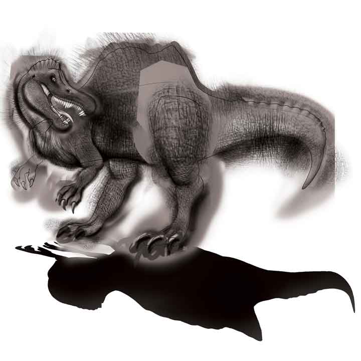 Spinosaurus digital painting showing deconsructed collage effects and linework process